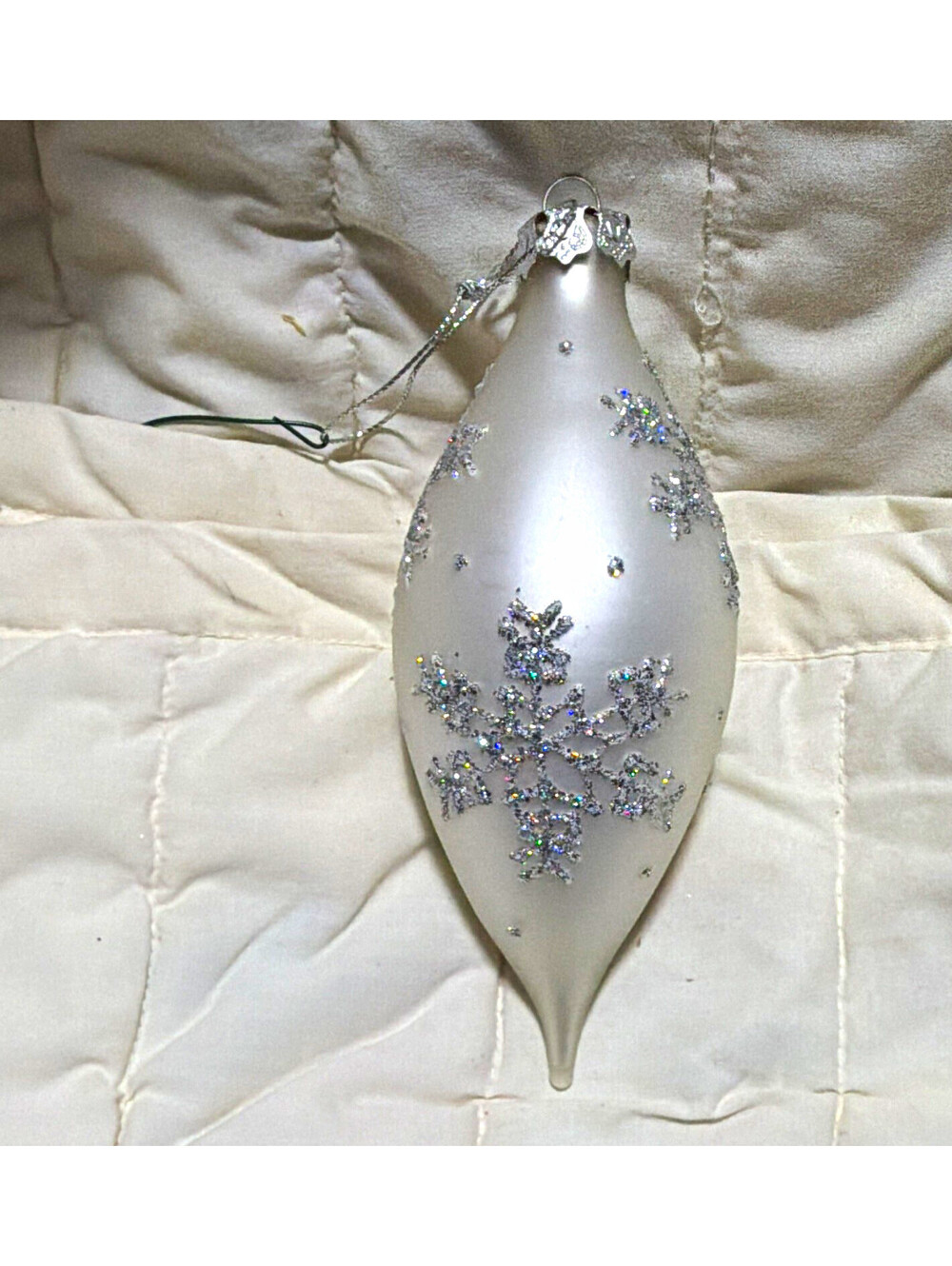 White/Silver Christmas Glass Teardrop Bauble Ornament, Glitter Snowflake, 6 in